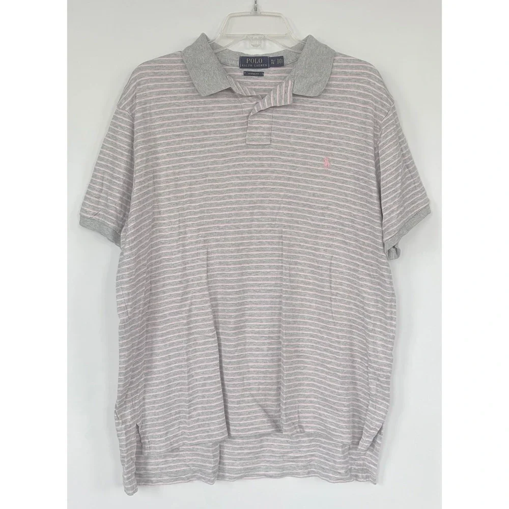 Polo Ralph Lauren Mens XL Custom Fit Gray Pink Striped Short Sleeve Polo Shirt